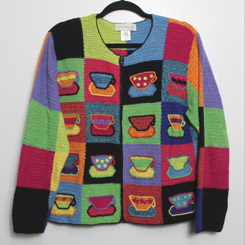 Vintage Y2K Susan Bristol Rainbow Teacup Grandma Cardigan Sweater Large